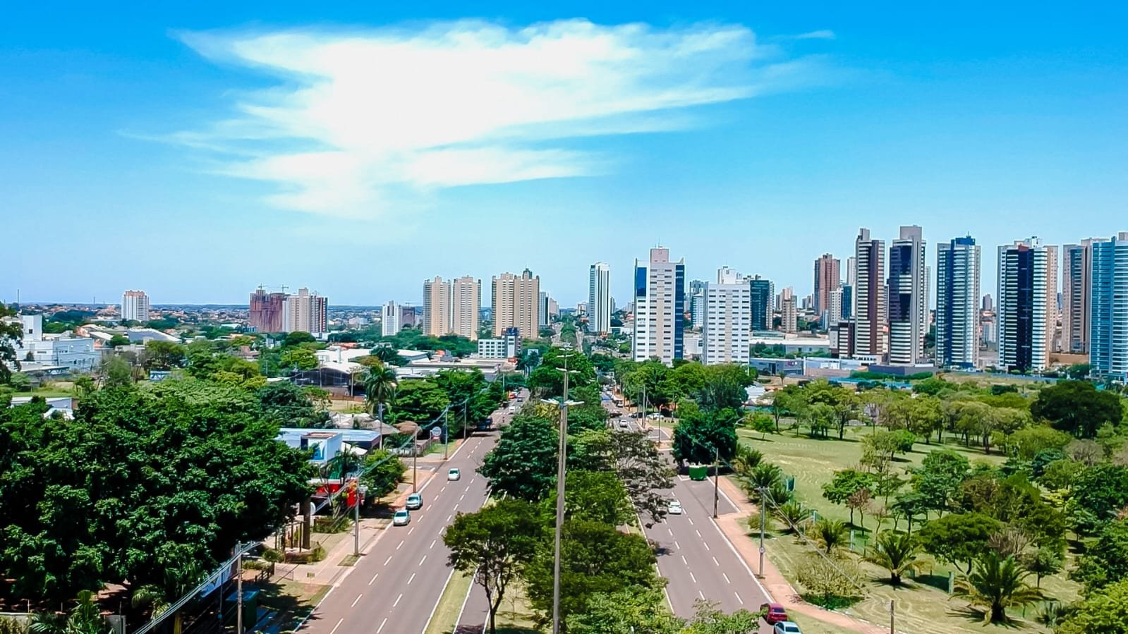 Vista aérea de Campo Grande, com uma avenida arborizada em primeiro plano e os prédios da capital ao fundo
