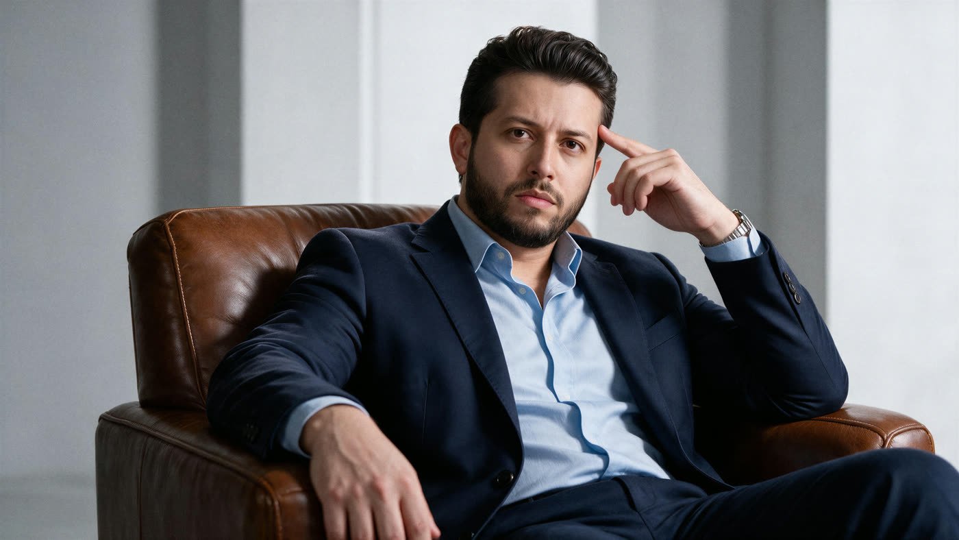 Itamar Freitas sentado em uma poltrona de couro, em atitude reflexiva