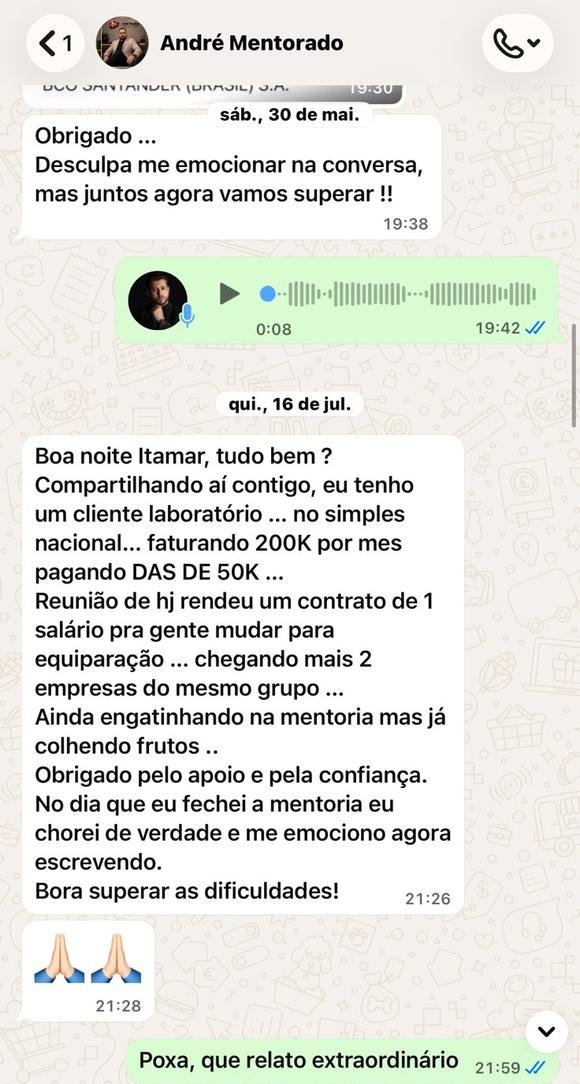 Conversa no WhatsApp em que André relata o contrato fechado