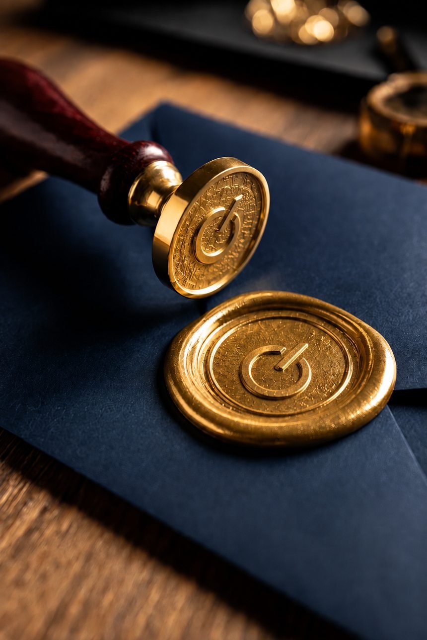 Lacre de cera dourado com o símbolo do Reset Contábil sobre um envelope azul-marinho